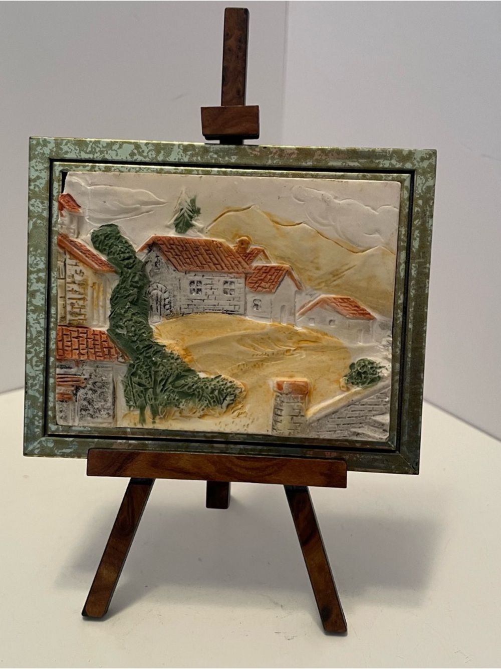 Vintage Italian Hand Painted Relief On Easel 4” X 3.25”‎ Berger Resin